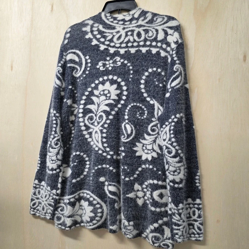 Chicos Navy Blue Paisley Eyelash Knit Quarter Zip Sweater Shimmer Size 3 Large